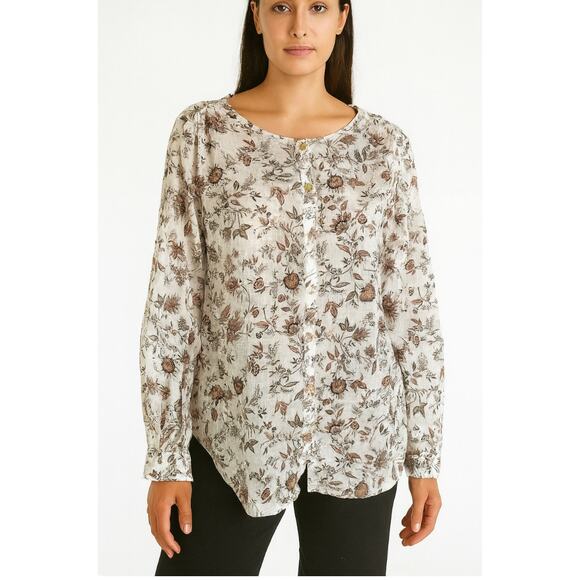 J. Jill Women's top Floral Relaxed Shirred Voile Blouse 100% Cotton gauze SZ MD - Picture 1 of 9